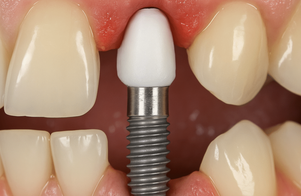 Schemat periimplantitis – stan zapalny wokół implantu zębowego z utratą kości i obrzękiem dziąsła