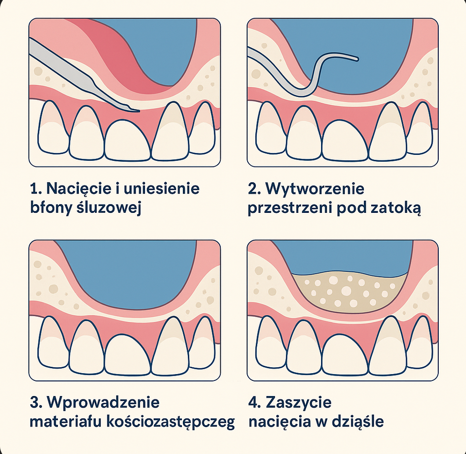 „Infografika – etapy zabiegu podniesienia dna zatoki: diagnostyka CBCT, uniesienie błony, wypełnienie kością, wszczepienie implantu”