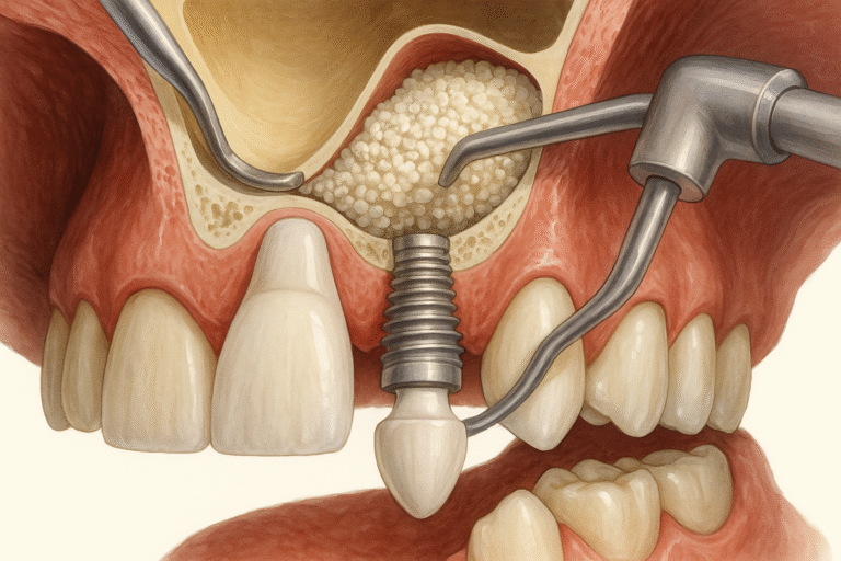 Schemat zabiegu podniesienia dna zatoki – uniesienie błony śluzowej zatoki szczękowej i wypełnienie materiałem kostnym przed wszczepieniem implantu zębowego